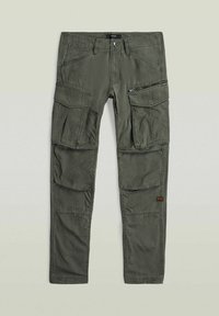 Olive green cargo pants with multiple front pockets, zipper pocket on the right thigh, and reinforced knee panels, laid flat.