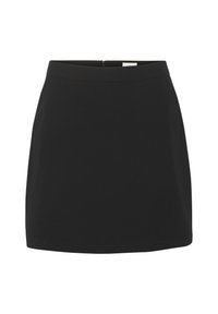 Black mini skirt made of smooth fabric, featuring a simple design with a concealed back zipper for closure and no additional patterns.