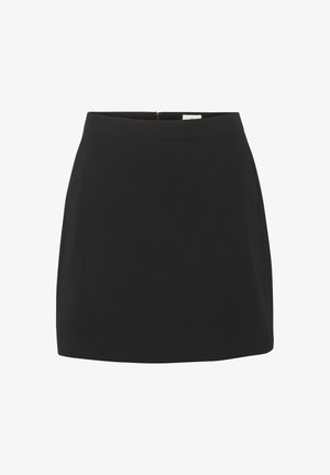 Black mini skirt made of smooth fabric, featuring a simple design with a concealed back zipper for closure and no additional patterns.