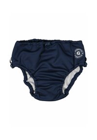 Merinopuku uimahousut, joissa on kootut sivut ja säädettävä vyötärö. Ominaisuuksiin kuuluu pehmeä sisävuori ja logo-painatus vasemmalla puolella.