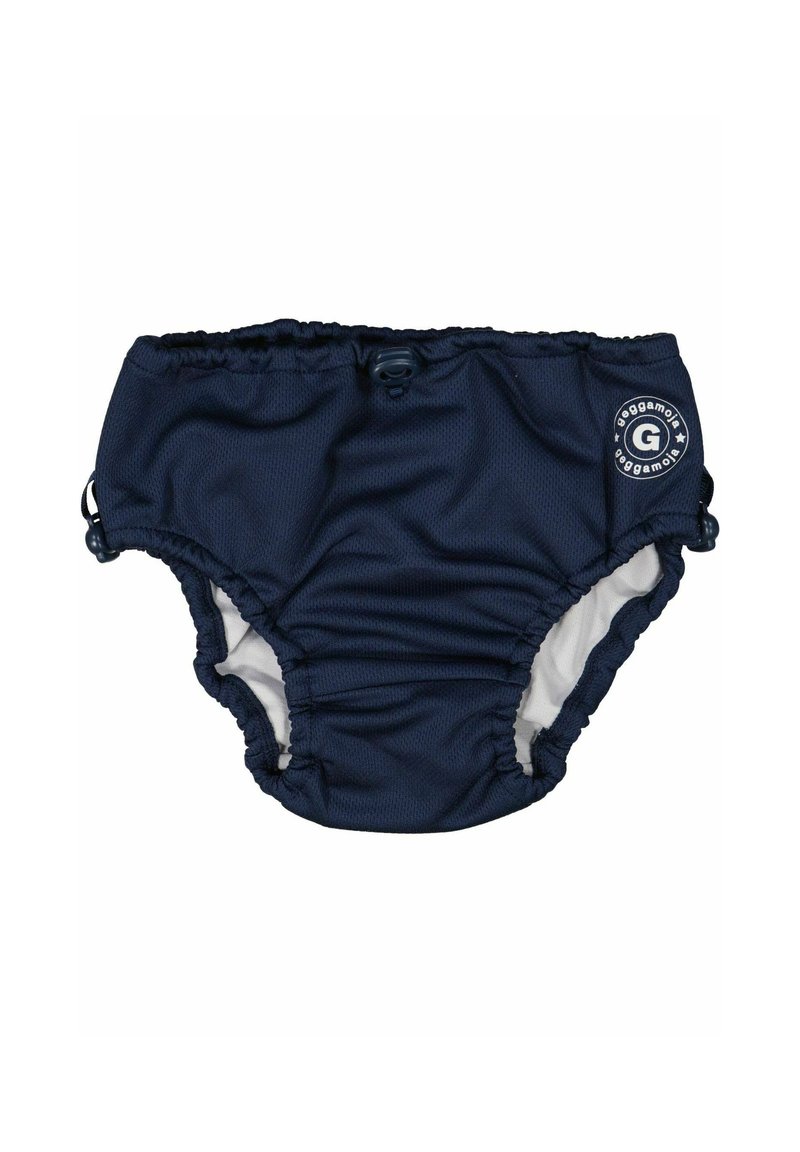 Merinopuku uimahousut, joissa on kootut sivut ja säädettävä vyötärö. Ominaisuuksiin kuuluu pehmeä sisävuori ja logo-painatus vasemmalla puolella.