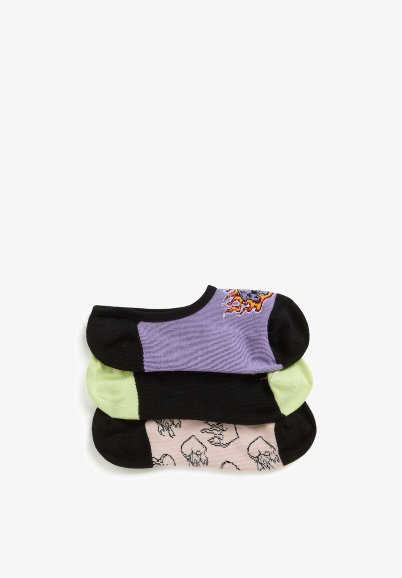 Three pairs of ankle socks: purple with black, light green, and black with pink featuring a hand pattern; cotton material; no visible hardware.