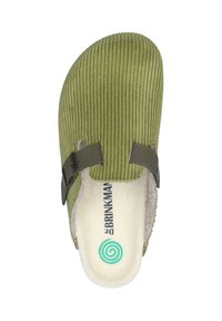 Green corduroy slipper with a two-strap design and metallic buckle accents. Soft interior lining and logo on the insole.