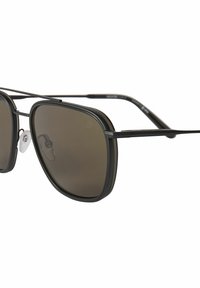 Zwarte metalen zonnebril met vierkante glazen, donkerbruine tint en verstelbare neuspads. Dunne montuur met minimalistisch ontwerp en subtiele branding.