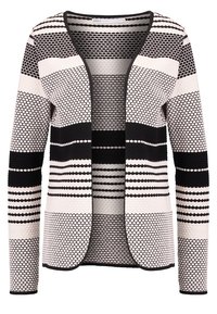 Cardigan en maille à ouverture devant avec des rayures horizontales noires et blanches et un motif nid d'abeille, manches longues et bordure noire le long des bords.