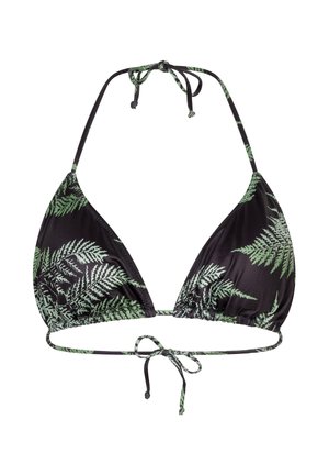 Black triangle bikini top with green fern leaf print, adjustable neck and back ties, and ruched detailing on fabric edges.