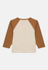 Μπλούζα με μακριά μανίκια σε ανοιχτό μπεζ χρώμα στο σώμα και καφέ raglan μανίκια. Κατασκευασμένη από απαλό ύφασμα με στρογγυλή λαιμόκοψη και ραμμένες ραφές.