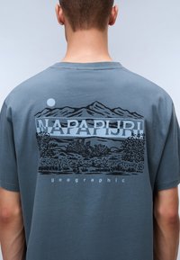 Grå bomulds-T-shirt med et grafisk tryk af et bjerglandskab i sort og blå på ryggen. Inkluderer teksten "NAPAPIJRI" og "geographic."