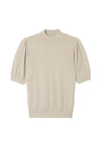 Helles beige Stricktop mit hohem Kragen, kurzen Puffärmeln und einem strukturierten metallischen Faden für zusätzlichen Glanz.