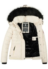 Weißer Daunenjacke mit Kapuze aus Kunstfell, ausgestattet mit einer Reißverschlusstasche und einem weichen schwarzen Fleece-Futter. Druckknopf- und Reißverschlussbefestigungen sind enthalten.