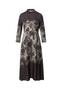 Langärmliges Kleid in Braun mit einem Schlangenprint-Design in Creme, featuring einem hohen Ausschnitt und einem ausladenden Saum. Glattes, strukturiertes Material.