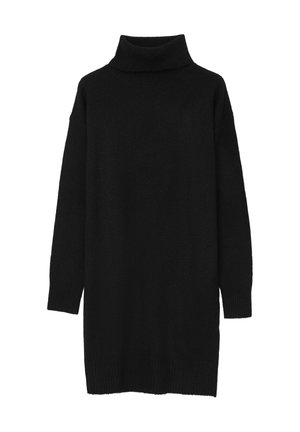 Vestito a tubo nero con collo alto, realizzato in materiale morbido, forma allungata, maniche lunghe, polsini e orlo a costine, texture liscia.