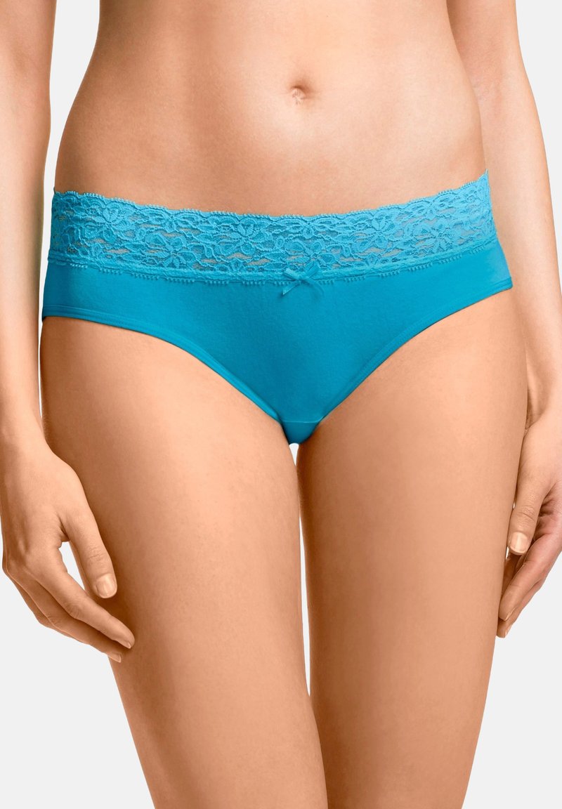 Intimo turchese con cintura in pizzo e dettaglio a fiocco. Tessuto morbido con un design a vita media e aperture delle gambe senza cuciture.