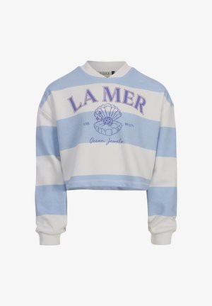 Bijgesneden longsleeve sweatshirt met lichtblauwe en witte strepen, voorzien van de tekst "LA MER" en een schelpafbeelding met de tekst "Ocean Jewels".