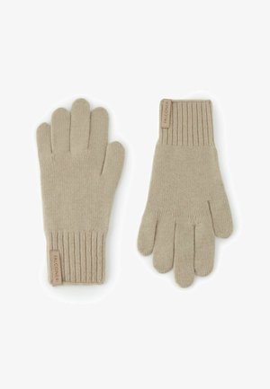 Hellbeige gestrickte Handschuhe mit gerippten Bündchen und einem Etikett mit der Aufschrift "Falconeri". Sie haben ein schlichtes Design mit fünf Fingern und eine weiche Textur.