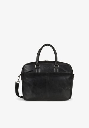 Svart skinn laptopveske med doble topphåndtak, justerbar skulderrem, glidelås som lukking, frontlomme og glatt tekstur.