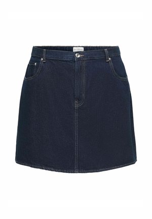 Tmavomodrá rifľová minisukňa s prednými gombíkmi a vreckami, s kontrastným prešívaním a pútkami na opasok.