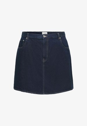 Tmavomodrá rifľová minisukňa s prednými gombíkmi a vreckami, s kontrastným prešívaním a pútkami na opasok.