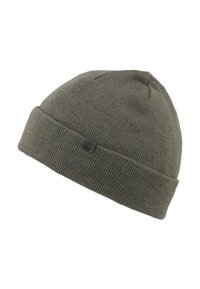 Dzianinowa czapka beanie w oliwkowym kolorze, z podwiniętym brzegiem i fakturowanym wzorem. Mała czarna metka z logo po boku. Miękki materiał z mieszanki wełny.