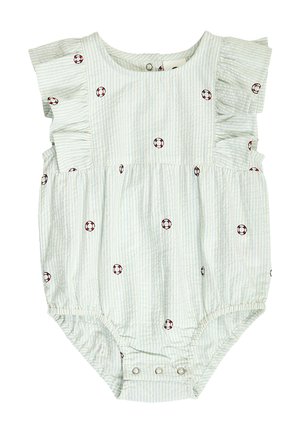 Lichtblauwe en witte gestreepte baby romper met gerimpelde mouwen en rood-witte reddingsboei motieven, drukknoopjes in het kruis.