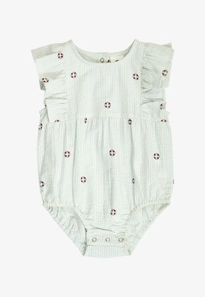 Lichtblauwe en witte gestreepte baby romper met gerimpelde mouwen en rood-witte reddingsboei motieven, drukknoopjes in het kruis.