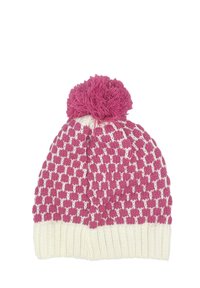 Knit beanie in pink and cream with a textured checkered pattern and a fluffy pom-pom on top. Ribbed edge for snug fit.