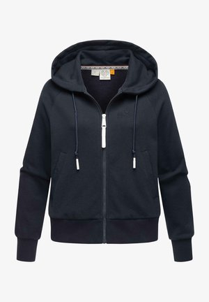 Tamno plava zip-up dukserica od mekog materijala, s kapuljačom na vezanje, prednjim džepovima i rebrastim manžetama i donjim rubom. Logo detalj na grudima.