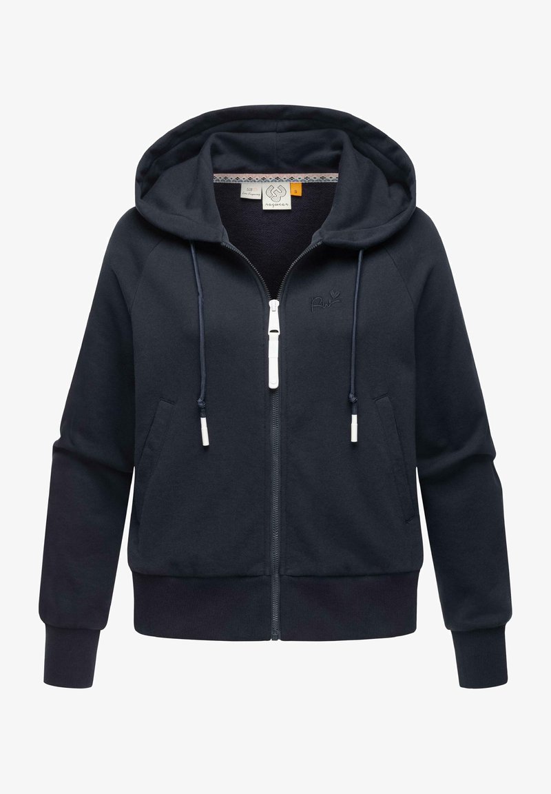 Felpa con zip di un blu navy, realizzata in tessuto morbido, con cappuccio regolabile, tasche frontali e polsini e orlo a costine. Dettaglio del logo sul petto.