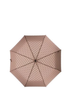 Ombrello marrone aperto con motivo geometrico ripetuto e mozzo centrale nero, visto dall'alto su sfondo bianco.