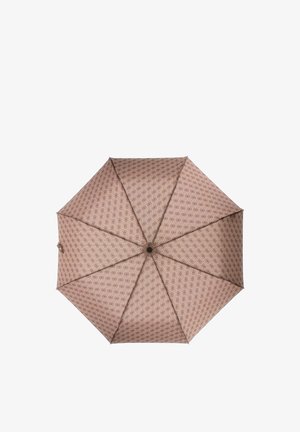 Open bruine paraplu met herhalend geometrisch patroon en zwarte centrale naaf, gezien van boven op witte achtergrond.