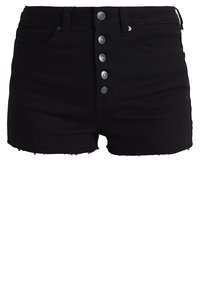 Czarne szorty z denimu o wysokim stanie, zapinane na guziki, z postrzępionym brzegiem, pięcioma kieszeniami i gładką teksturą.