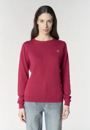 Donna con capelli lunghi e scuri che indossa un maglione rosso a maniche lunghe semplice e jeans azzurri, in piedi davanti a uno sfondo bianco.