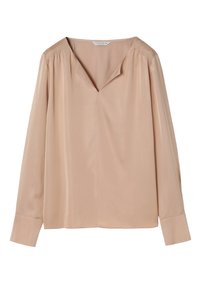 Blusa lunga beige chiaro a maniche lunghe con scollatura a V, realizzata in tessuto liscio. Presenta dettagli arricciati sulle spalle e polsini con bottoni.
