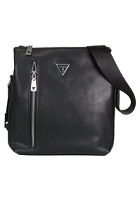 Borsa a tracolla in pelle nera con tasca frontale con zip, hardware argentato e tracolla regolabile. Presenta un logo triangolare brandizzato.