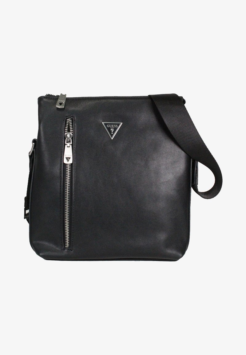 Borsa a tracolla in pelle nera con tasca frontale con zip, hardware argentato e tracolla regolabile. Presenta un logo triangolare brandizzato.