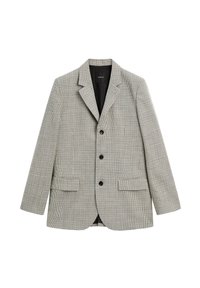 Blazer con motivo pied de poule in grigio e nero, monopetto con rever a punta, tre bottoni e due tasche frontali. Interno foderato.