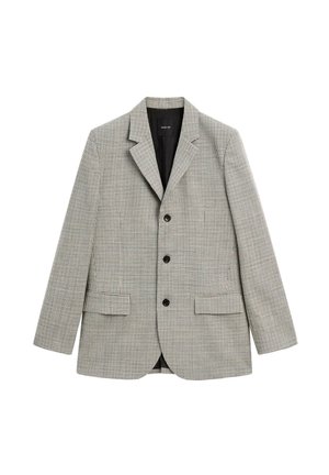 Blazer im Hahnentritt-Muster in Grau und Schwarz, einreihig mit Reverskragen, drei Knöpfen und zwei vorderen Taschen. Gefüttert.