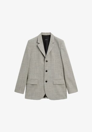 Grå og sort houndstooth-mønsteret blazer, enkeltknappet med notch-lapper, tre knapper og to forlommer. Fodret indre.