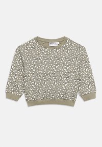 Παιδικό πουλόβερ ανοιχτό ελιάς με λευκές και σκούρες καρδιόσχημες λεοπάρ κηλίδες, ριμπ μανσέτες, τελείωμα και στρογγυλή λαιμόκοψη.
