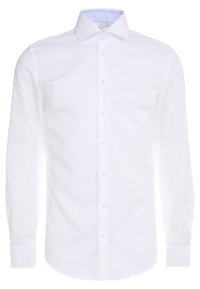 Witte lange mouwen shirt met een button-down kraag, gemaakt van een gladde stof, met een subtiele textuur en een lichtblauwe gestreepte binnenkraag.