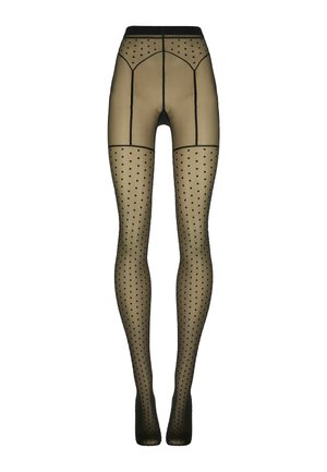 Doorzichtige zwarte panty's met kleine polkadots en versterkte delen op de heupen, bovenkant van de dijen en tailleband.