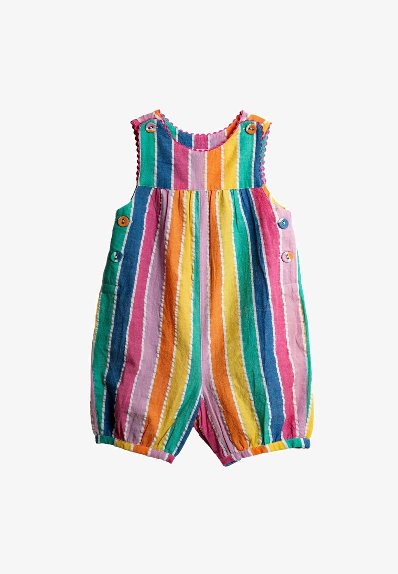 Triibuline puuvillane romper, mille värvikirevuses on roheline, roosa, oranž ja kollane. Kaasas nupud külgedel ja elastsed varrukaotsad jalgadel.