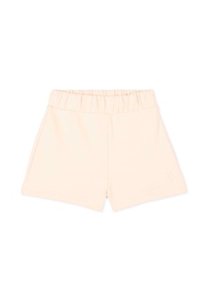 Pantaloncini beige chiaro con vita elastica e piccolo logo ricamato sulla parte bassa della gamba sinistra, progettati per un uso casual.