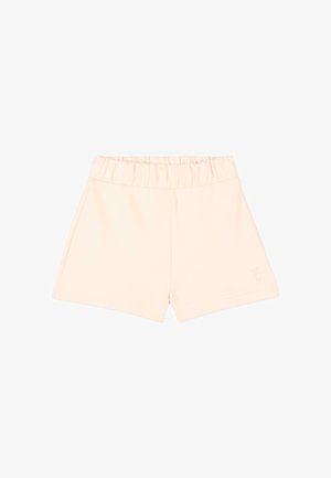 Short beige clair à taille élastique avec un petit logo brodé sur la partie inférieure de la jambe gauche, conçu pour un usage décontracté.