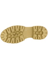 Rubberen buitenzool met diepe, hoekige profiel. Kleur: lichtbruin. Bevat hexagonale patronen en groeven voor grip. Gladde centrale sectie.