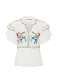 Blouse blanche à manches volantées, broderie florale multicolore, bordure festonnée en rose et vert, et décolleté en V avec de légers fronces.