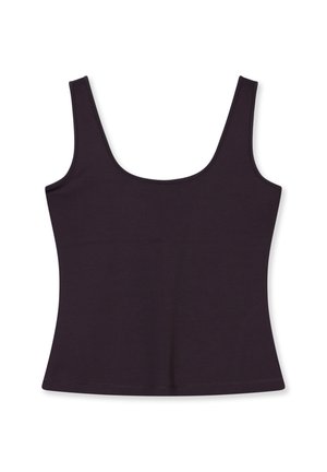 Débardeur sans manches noir, fabriqué en tissu lisse. Présente un col rond et une silhouette ajustée avec une ligne d'ourlet droite.