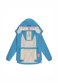 Svijetloplava jakna s kapuljačom, prednjim zatvaranjem na zip i elastičnim manžetama. Unutrašnjost je bež s džepovima, a u sredini se nalazi tkaninska oznaka.