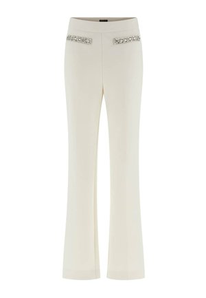 Pantalon droit couleur crème avec des détails décoratifs ornés près de la ceinture avant, sans poches ni fermetures visibles.