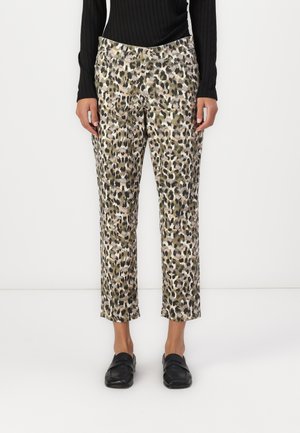 Leopard print pants in light beige and olive tones, straight leg design, cropped length, with front pockets and a smooth texture.